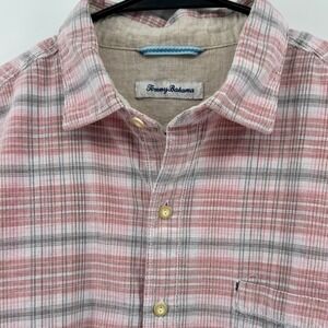Tommy Bahama‎ Mens L Cruzy Cord Button Up Shirt Plaid Pink Gray Cotton Casual L